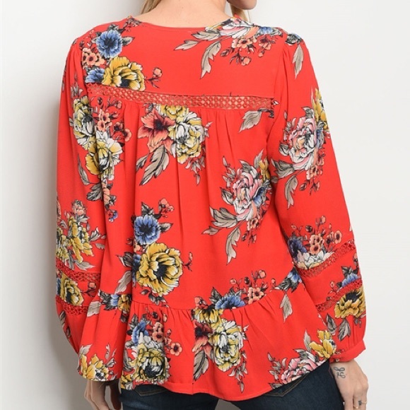Coral Red Floral Peplum Long Sleeve Blouse - Picture 3 of 5